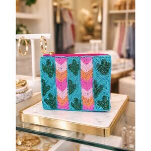 Kay Lee Blue Catcus Glass Beaded Coin Purse New